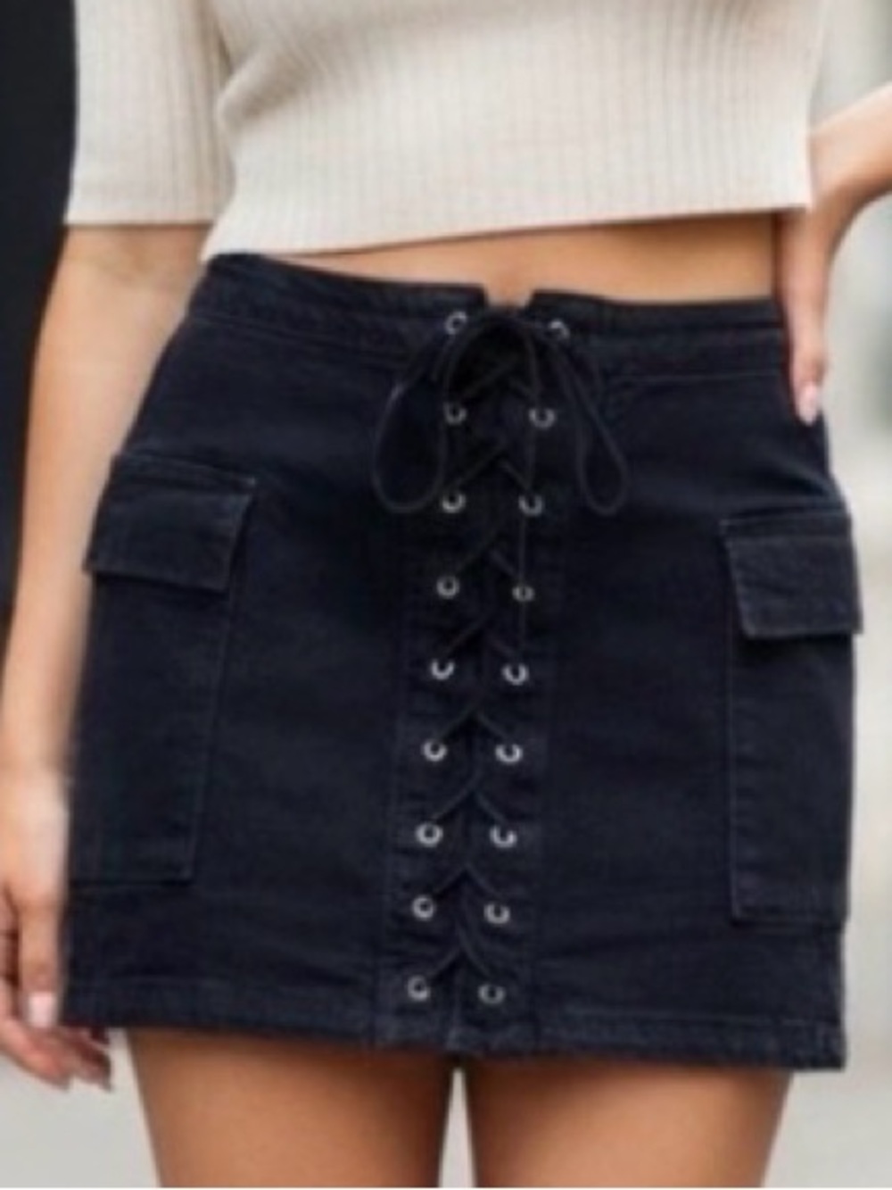 Signature8 Y2K Black Lace-Up Cargo Mini Skirt Stretch Denim Size Large